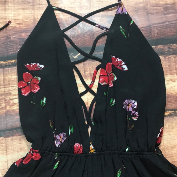 Sale!  Floral Lace Up Strappy Deep V Open Romper - Picture 2 of 8